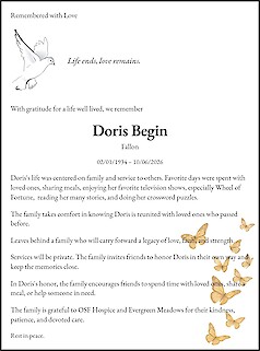 Obituary Doris Begin
