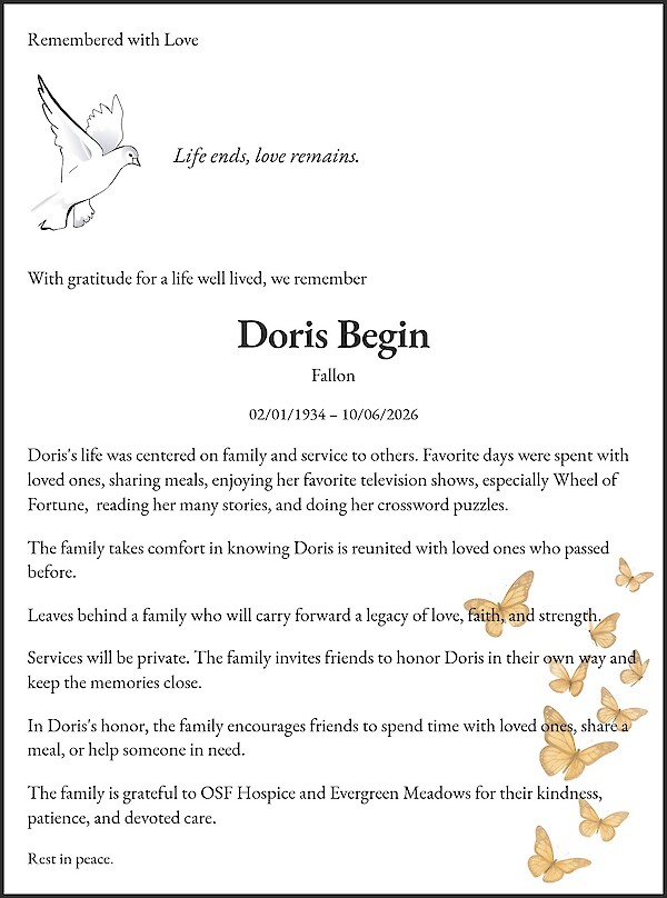 Obituary of Doris Begin