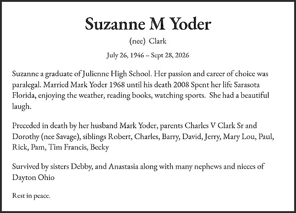 Obituary of Suzanne M Yoder