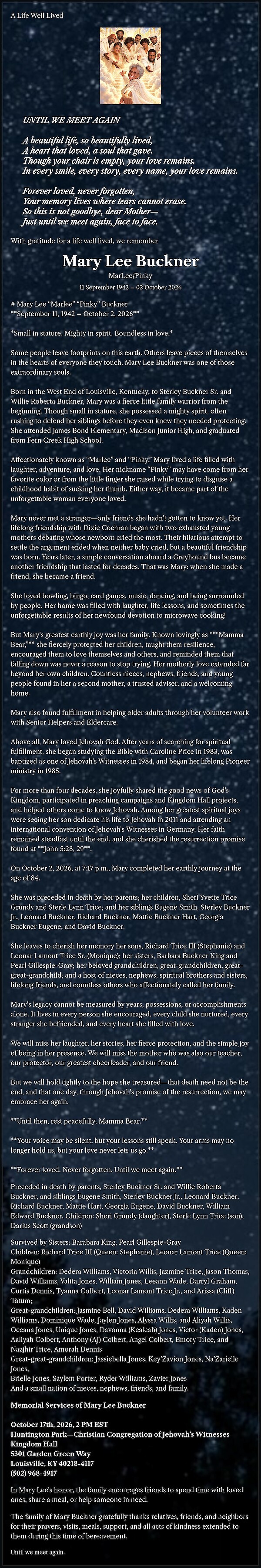 Obituary of Mary Lee Buckner
