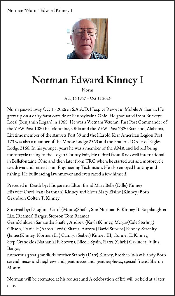 Obituary of Norman Edward Kinney I