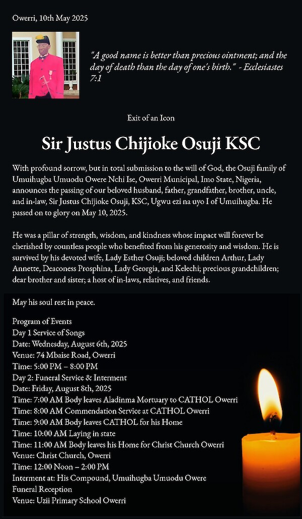 Anúncio de falecimento de Sir Justus Chijioke Osuji KSC