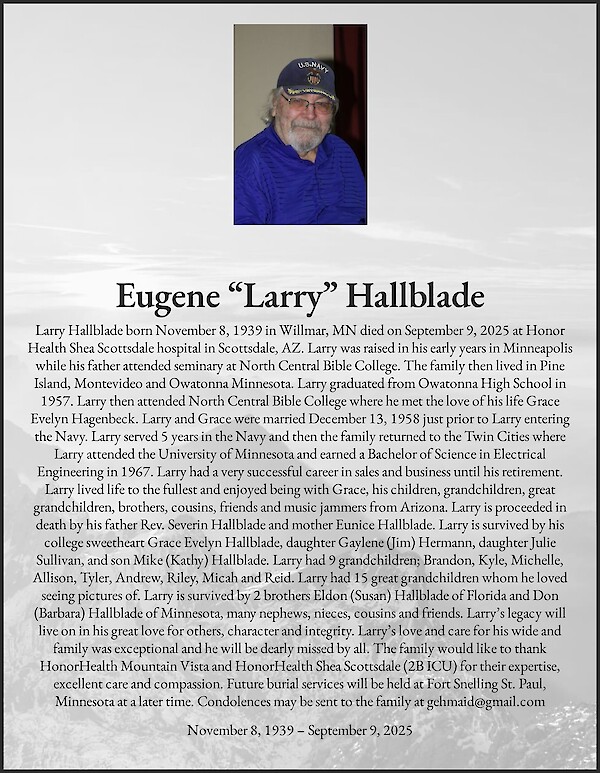 Anúncio de falecimento de Eugene “Larry” Hallblade, Gold Canyon, Arizona