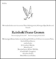Obituary Reinhold Franz Gremm, Gie&szlig;en