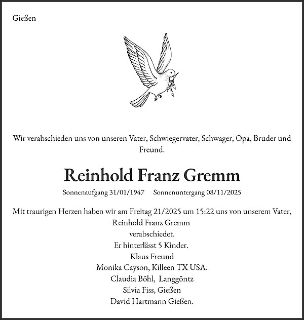 Avis de décès de Reinhold Franz Gremm, Gießen