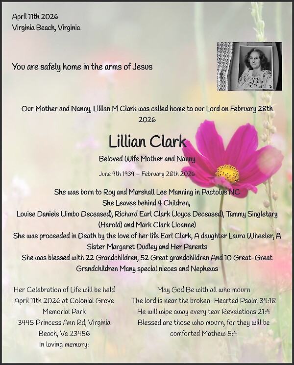 Obituary of Lillian Clark, Virigina Beach, Virginia