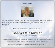 Obituary Bobby Dale Sirman, Spring, Texas