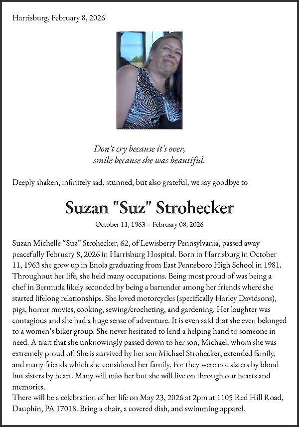 Avis de d&eacute;c&egrave;s de Suzan "Suz" Strohecker, Lewisberry, PA