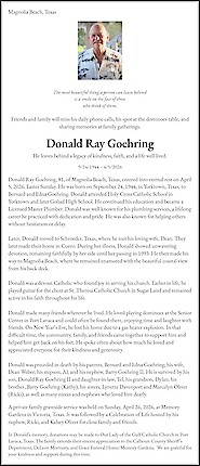 Obituary Donald Ray Goehring, Magnolia Beach, Texas