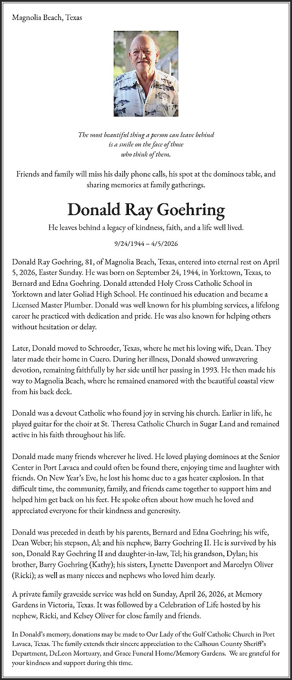 Obituary of Donald Ray Goehring, Magnolia Beach, Texas