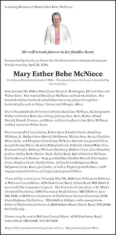 Obituary Mary Esther Behe McNiece