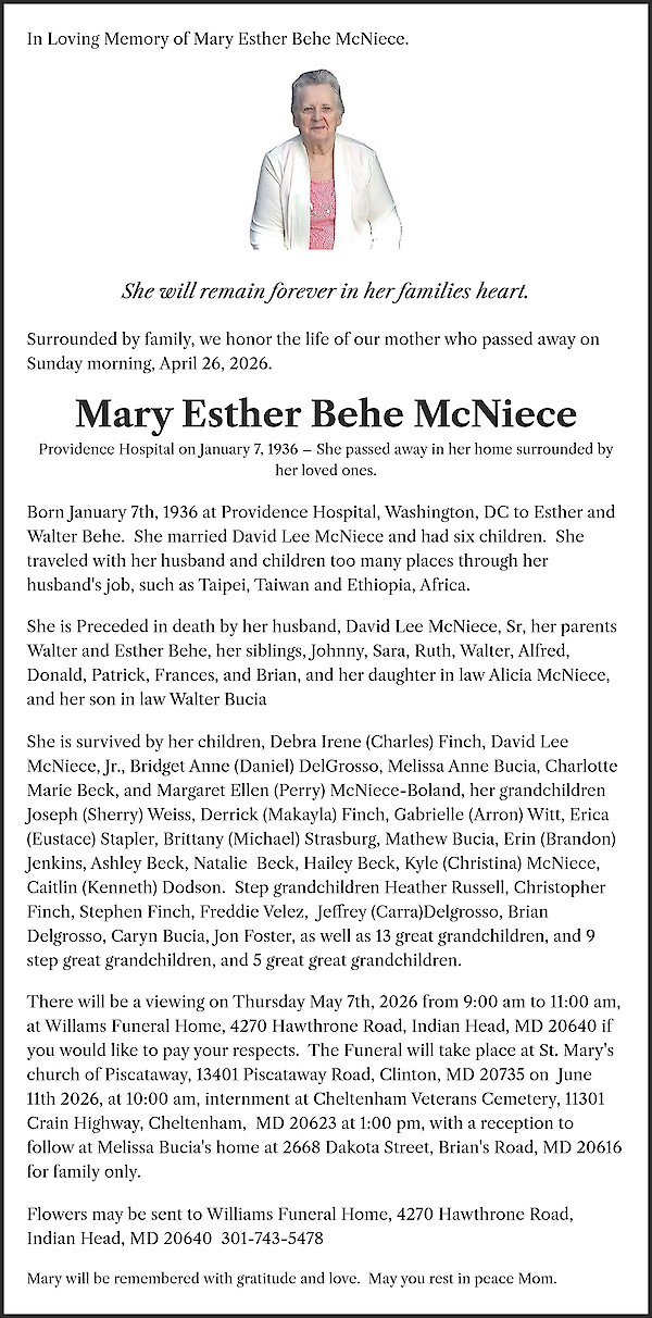 Obituary of Mary Esther Behe McNiece
