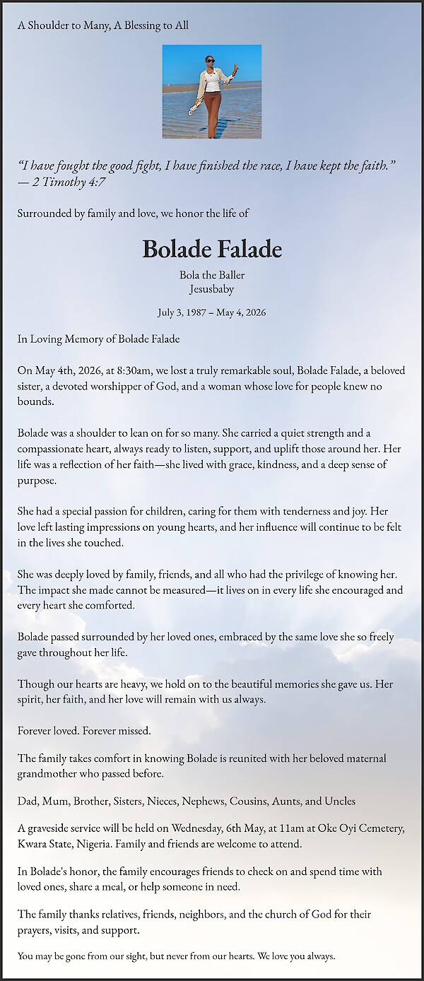 Obituary of Bolade Falade, Grimsby, England