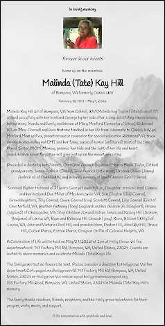 Obituary Malinda (tate) Kay Hill, Louisa county VA