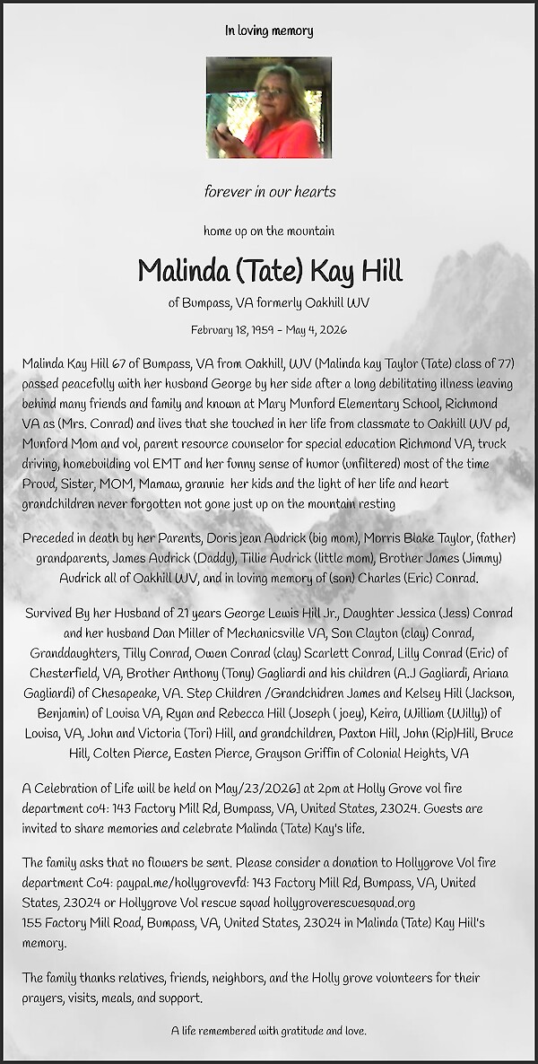 Obituary of Malinda (Tate) Kay Hill