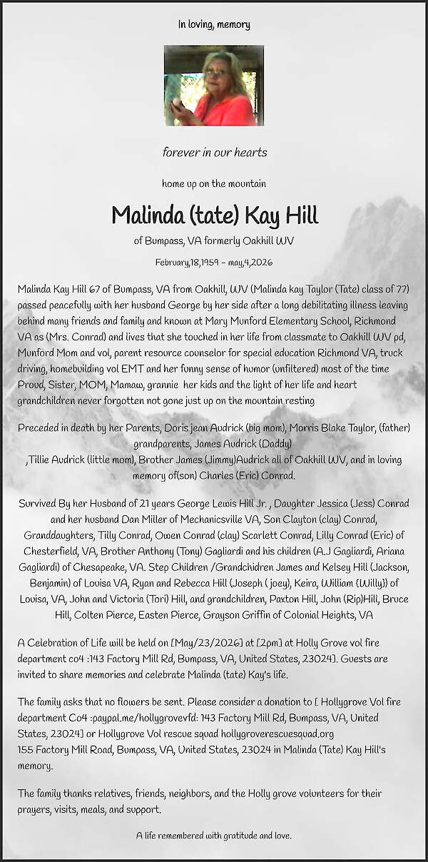 Obituary of Malinda (tate) Kay Hill, Louisa county VA