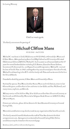 Obituary Michael Clifton Muns, San Antonio, Texas