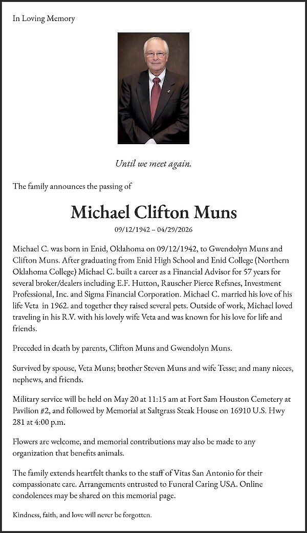 Obituary of Michael Clifton Muns, San Antonio, Texas
