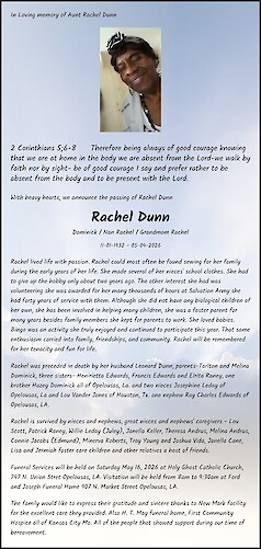 Obituary Rachel Dunn, Beaumont, TX.