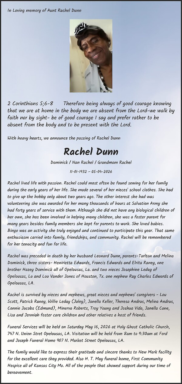 Obituary of Rachel Dunn, Beaumont, TX.