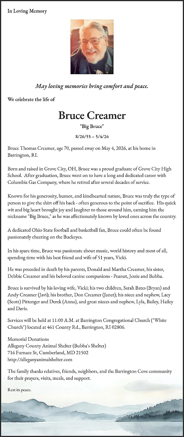 Obituary of Bruce Creamer