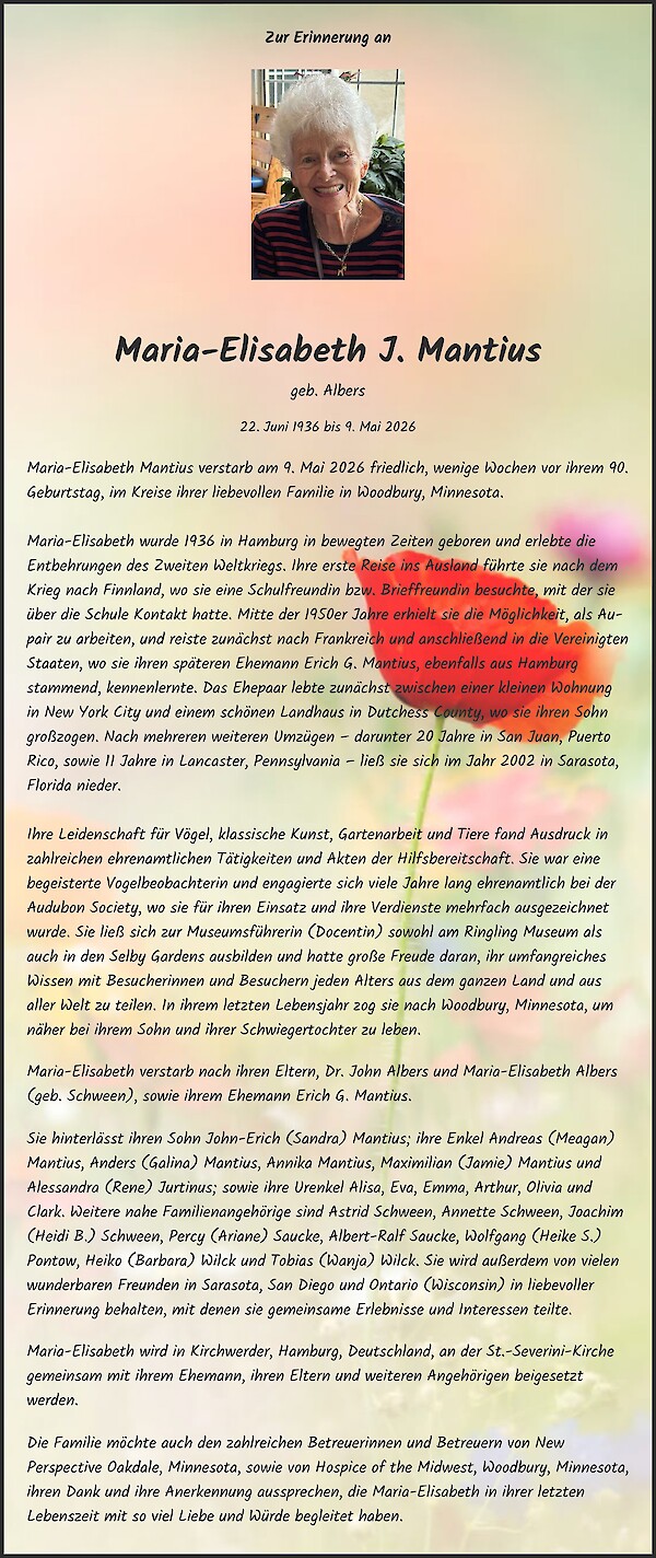 Obituary of Maria-Elisabeth J. Mantius