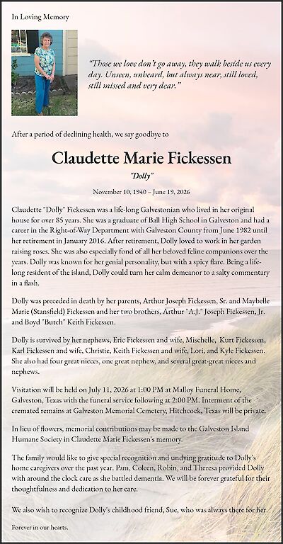 Obituary design example for Claudette Marie Fickessen