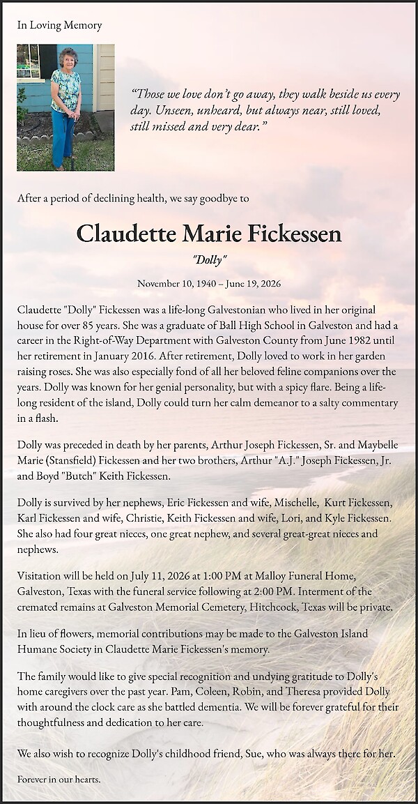 Obituary of Claudette Marie Fickessen