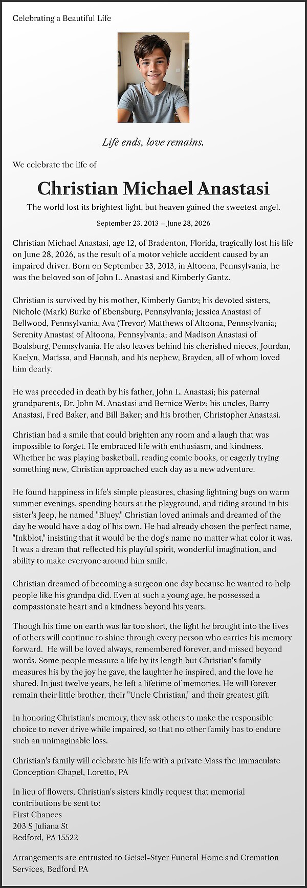 Obituary of Christian Michael Anastasi