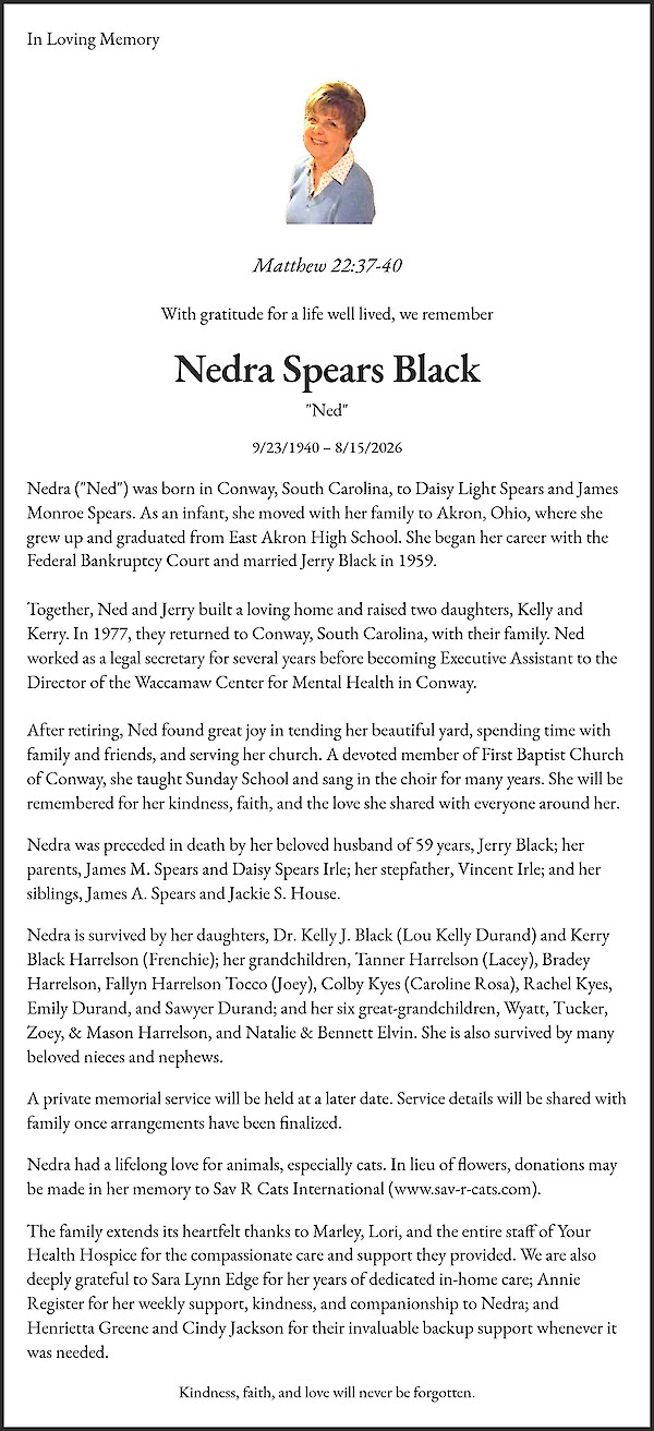 Obituary of Nedra Spears Black