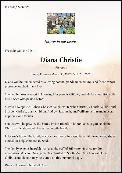 Obituary design example for Diana Christie