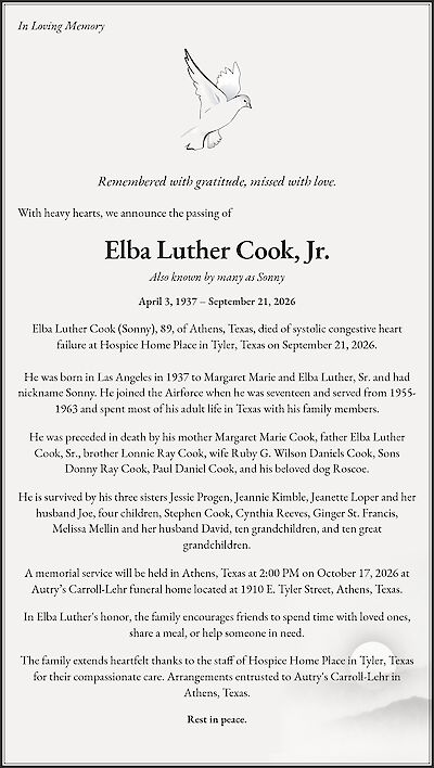 Obituary design example for Elba Luther Cook, Jr.