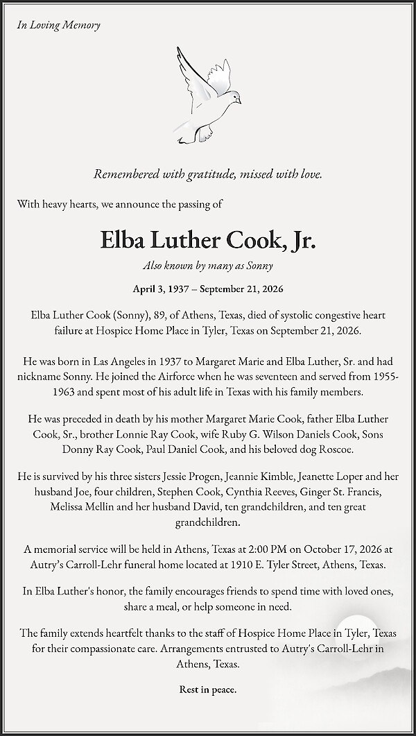 An&uacute;ncio de falecimento de Elba Luther Cook, Jr.