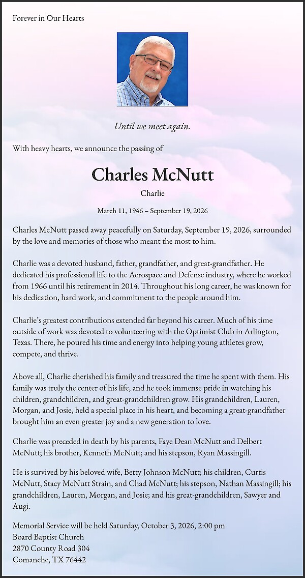 An&uacute;ncio de falecimento de Charles McNutt