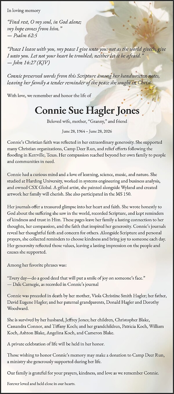Obituary of Connie Sue Hagler Jones