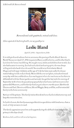 Obituary Leslie Bland