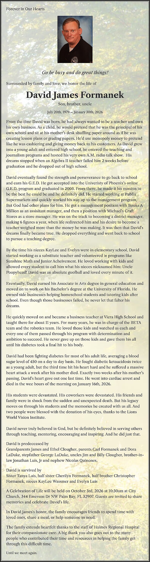 Obituary of David James Formanek
