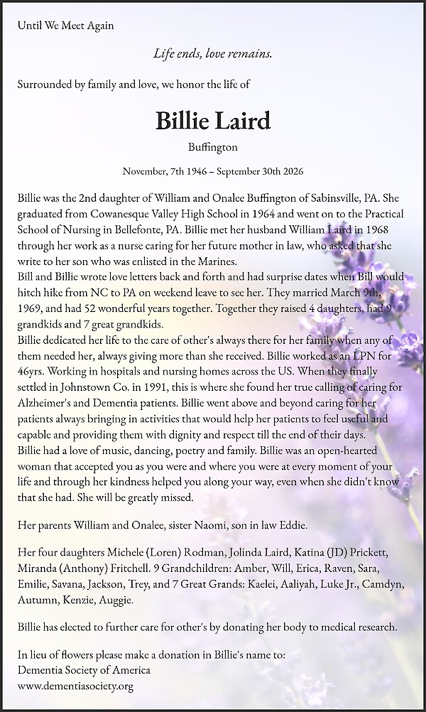 Obituary of Billie Laird