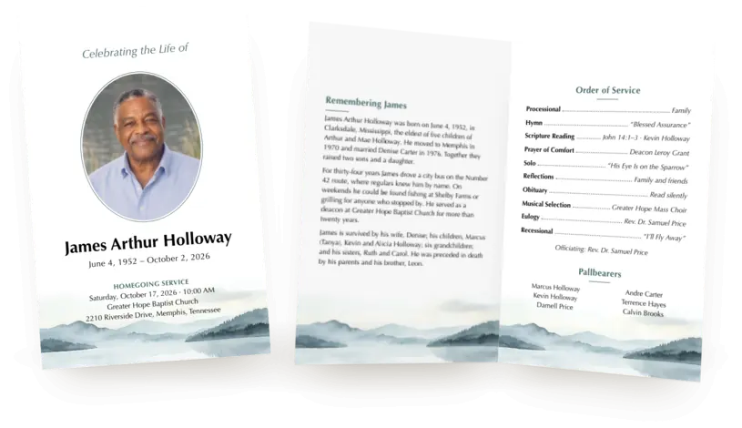 Funeral program for James Arthur Holloway in the Misty Lake design. The cover shows his portrait and the homegoing service details, and the open program shows his life story, the order of service and the pallbearers.