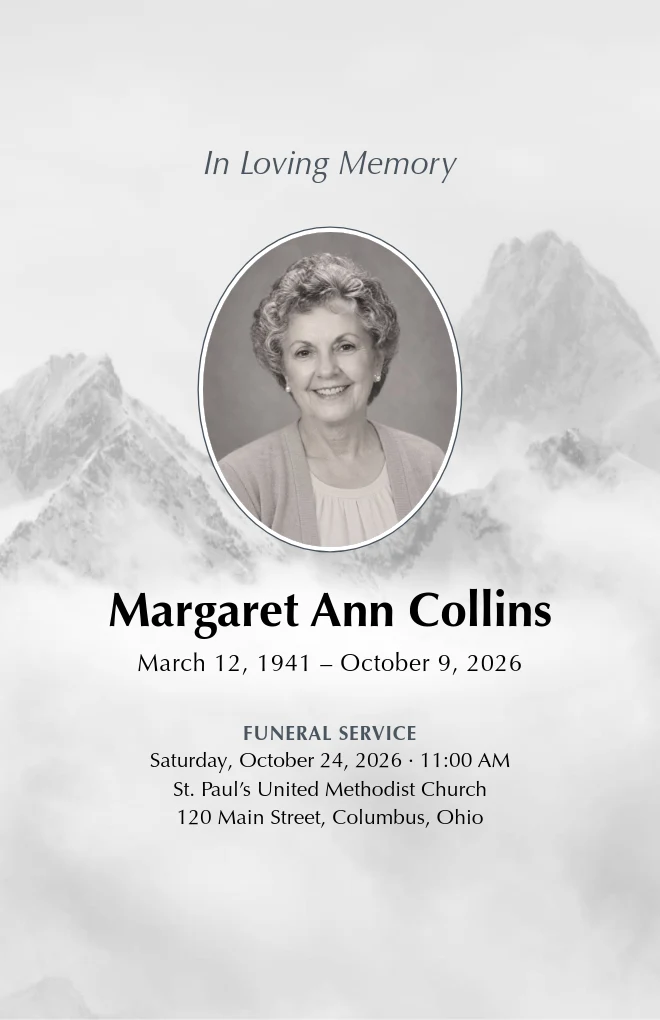 Above the Clouds funeral program template with a portrait, for folded US Letter paper