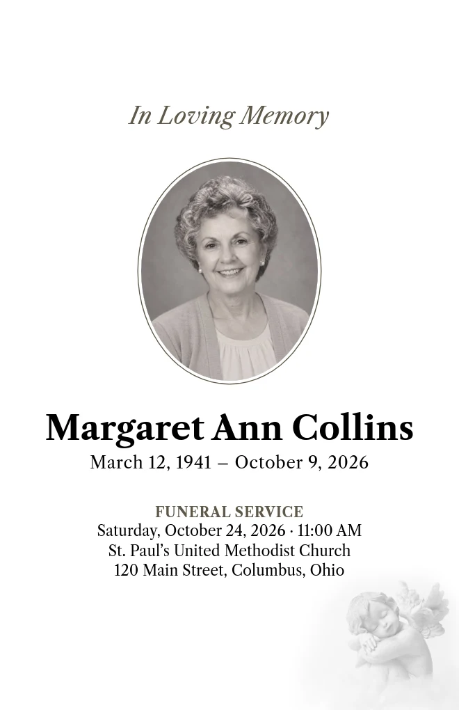 Angel funeral program template with a portrait, for folded US Letter paper