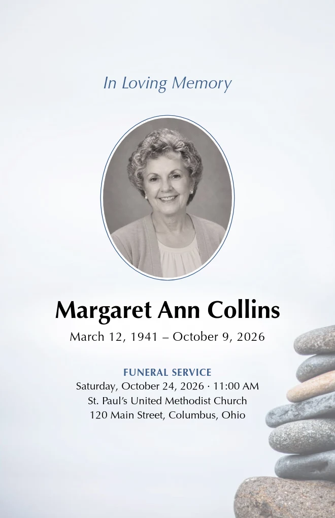 Balance funeral program template with a portrait, for folded US Letter paper