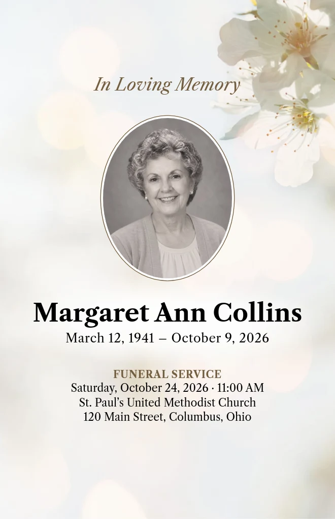 Blossom Light funeral program template with a portrait, for folded US Letter paper
