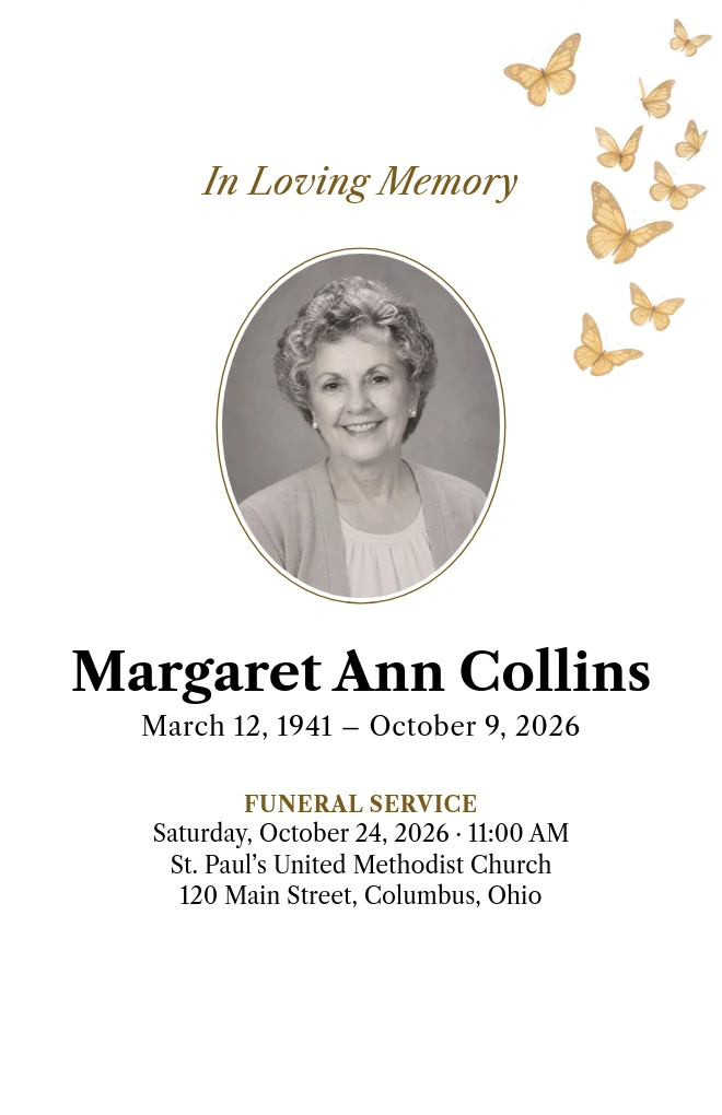 Butterflies funeral program template with a portrait, for folded US Letter paper