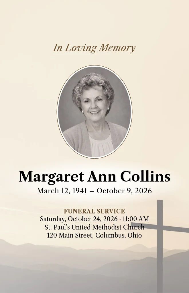 Cross at Dawn funeral program template with a portrait, for folded US Letter paper
