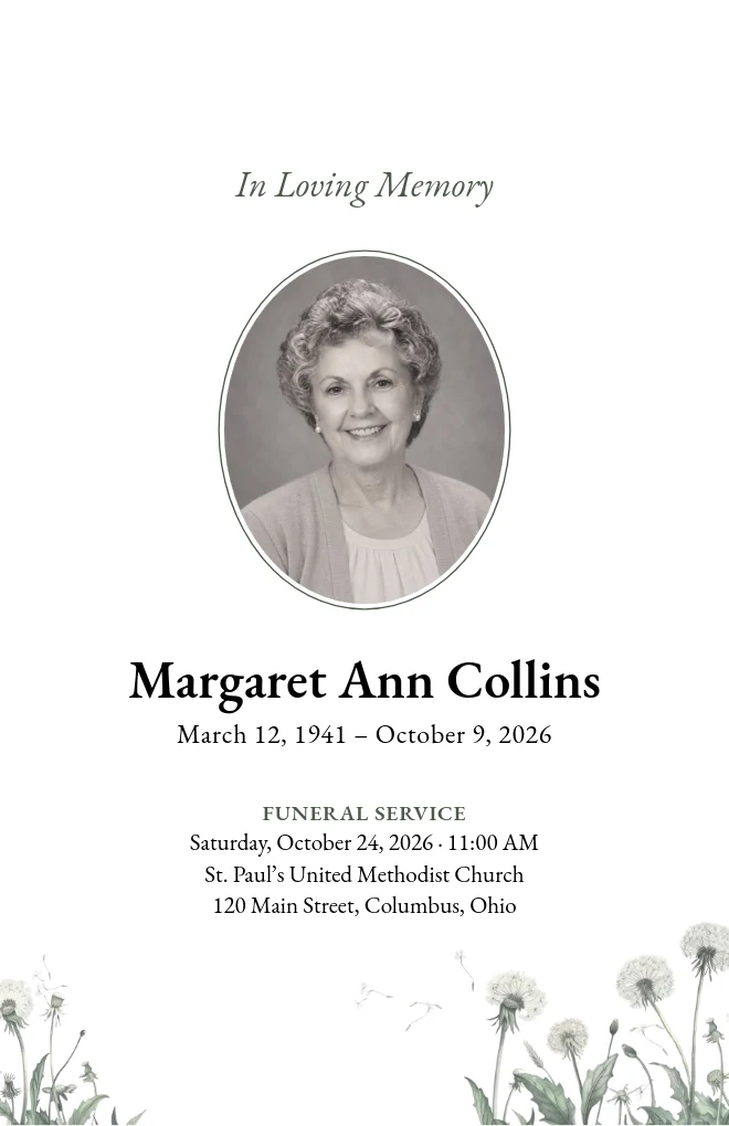 Dandelion Meadow funeral program template with a portrait, for folded US Letter paper