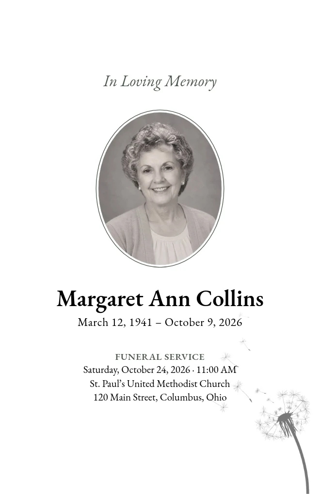 Dandelion Seed funeral program template with a portrait, for folded US Letter paper