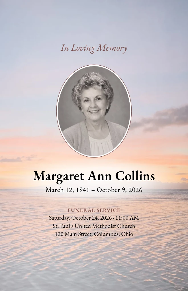 Evening Sea funeral program template with a portrait, for folded US Letter paper
