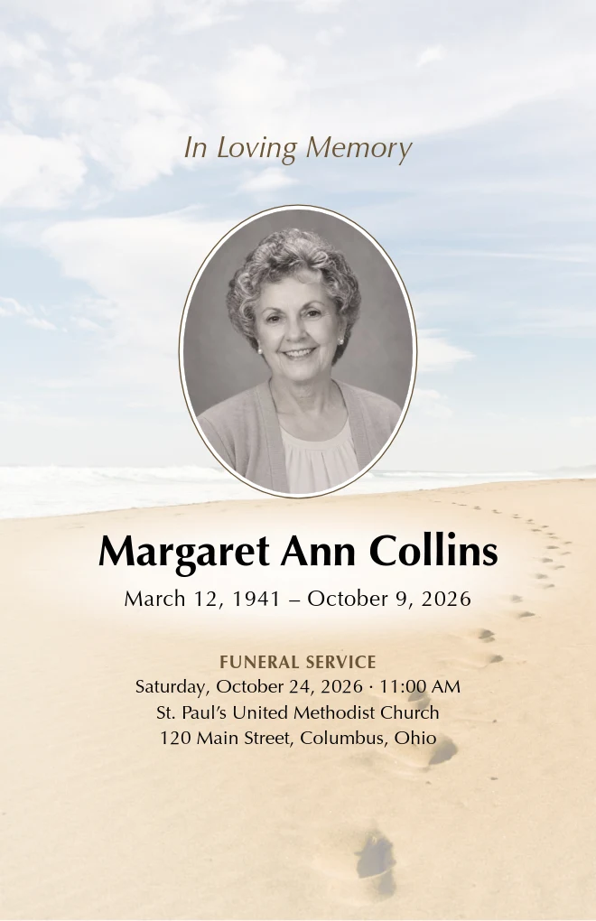 Footprints funeral program template with a portrait, for folded US Letter paper