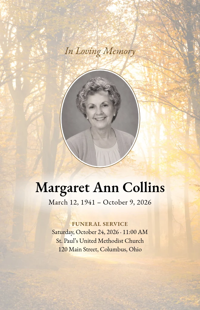 Golden Forest funeral program template with a portrait, for folded US Letter paper